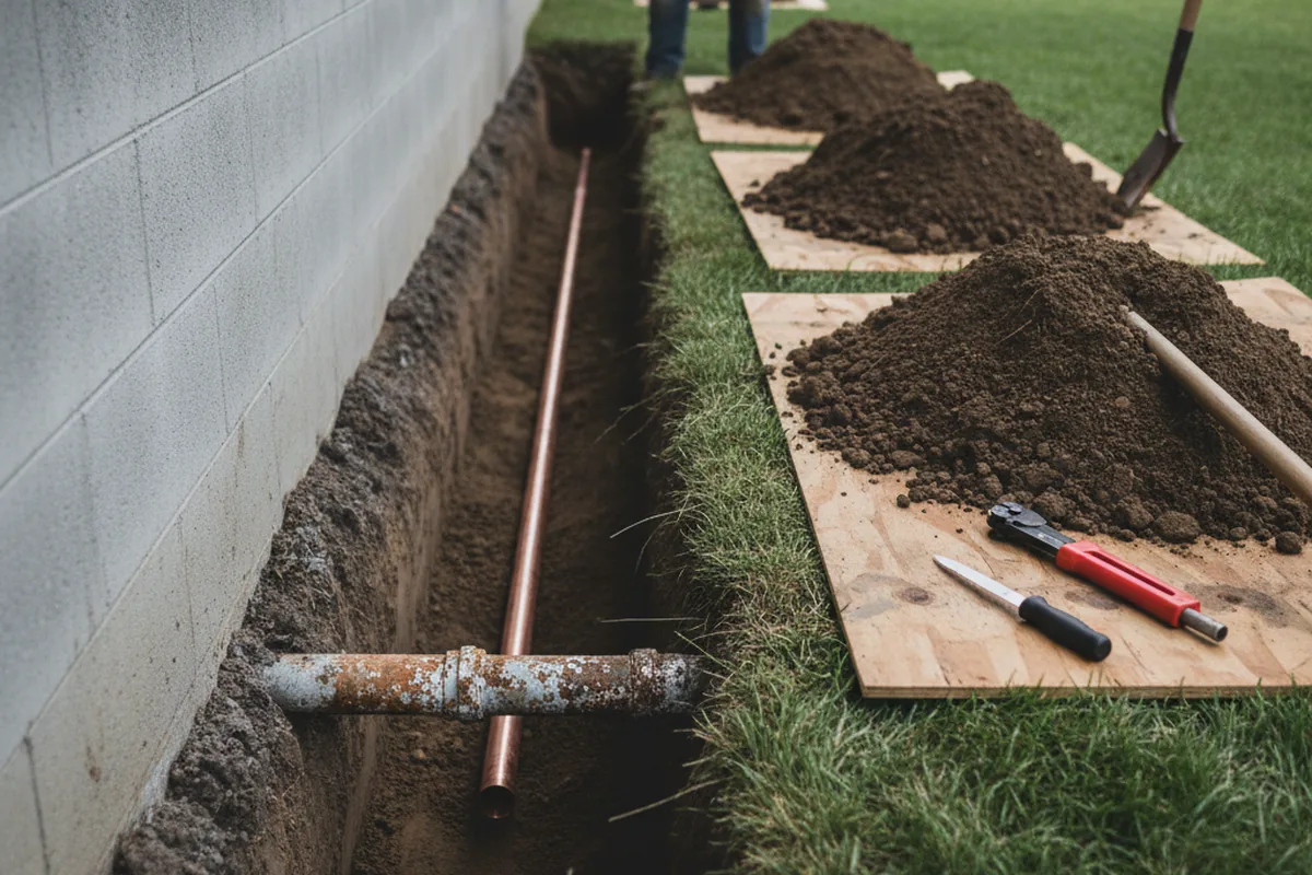 Excavated water line trench during Water Softener Installation in Candia